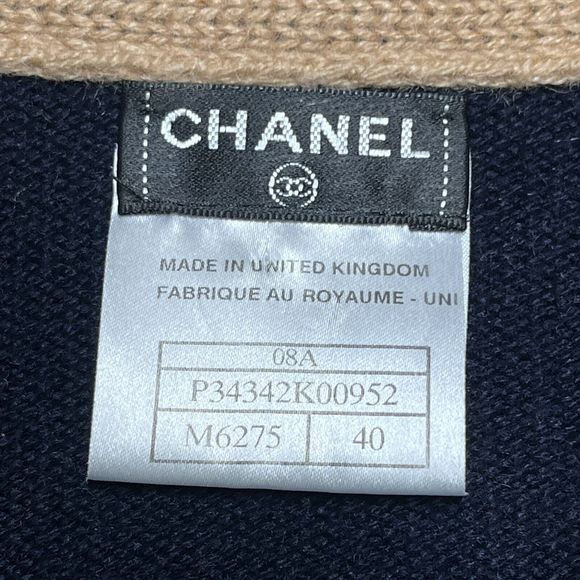 Chanel 100% Cashmere Cardigan Sweater Color Block Size 40 Blue Tan Gray Buttons - Picture 3 of 16